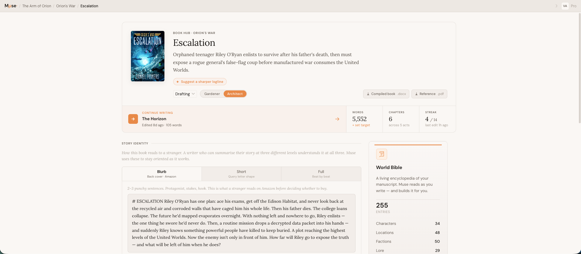 Muse Book Hub for Escalation — cover, blurb, drafting status, word and chapter counts, and the World Bible card.