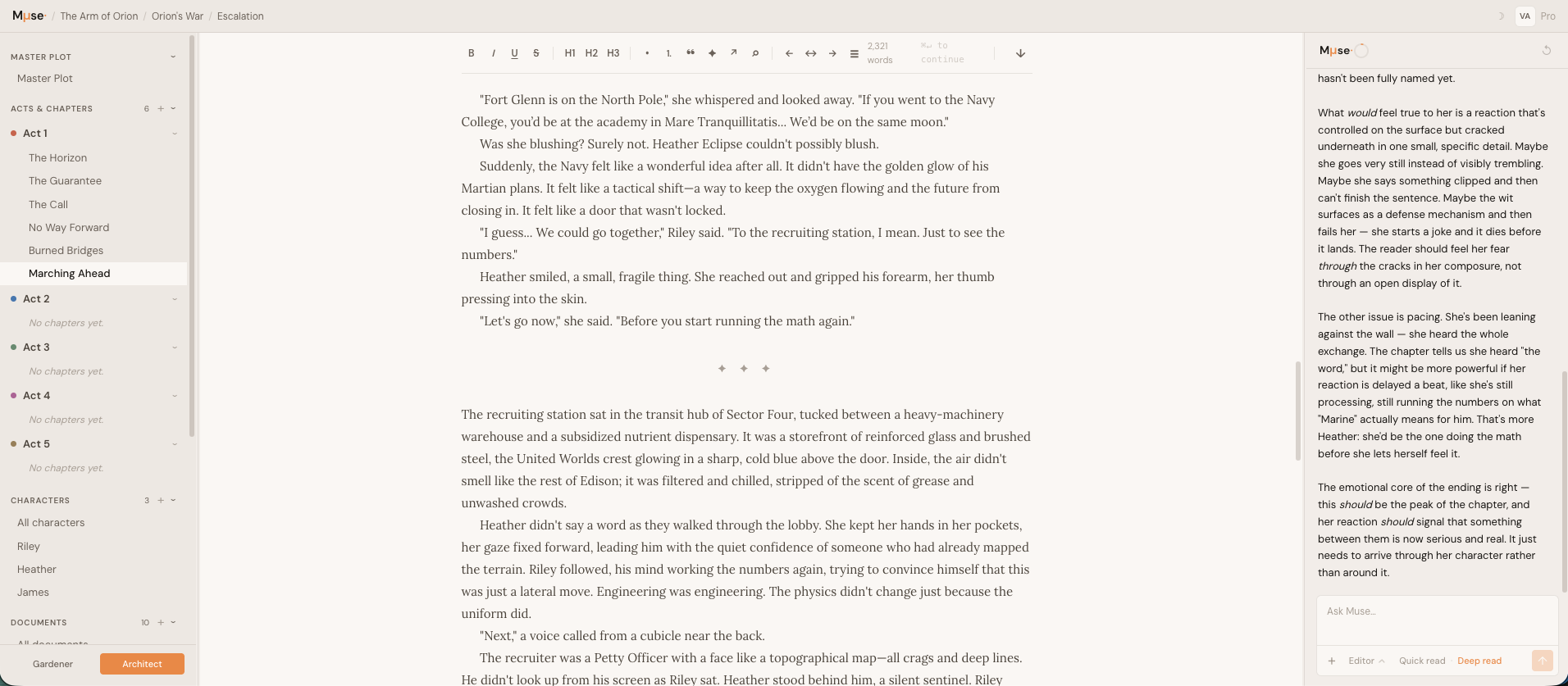 Muse — the chapter editor mid-writing, with the project sidebar on the left, prose on the centre canvas, and the Pixie Dust panel on the right.