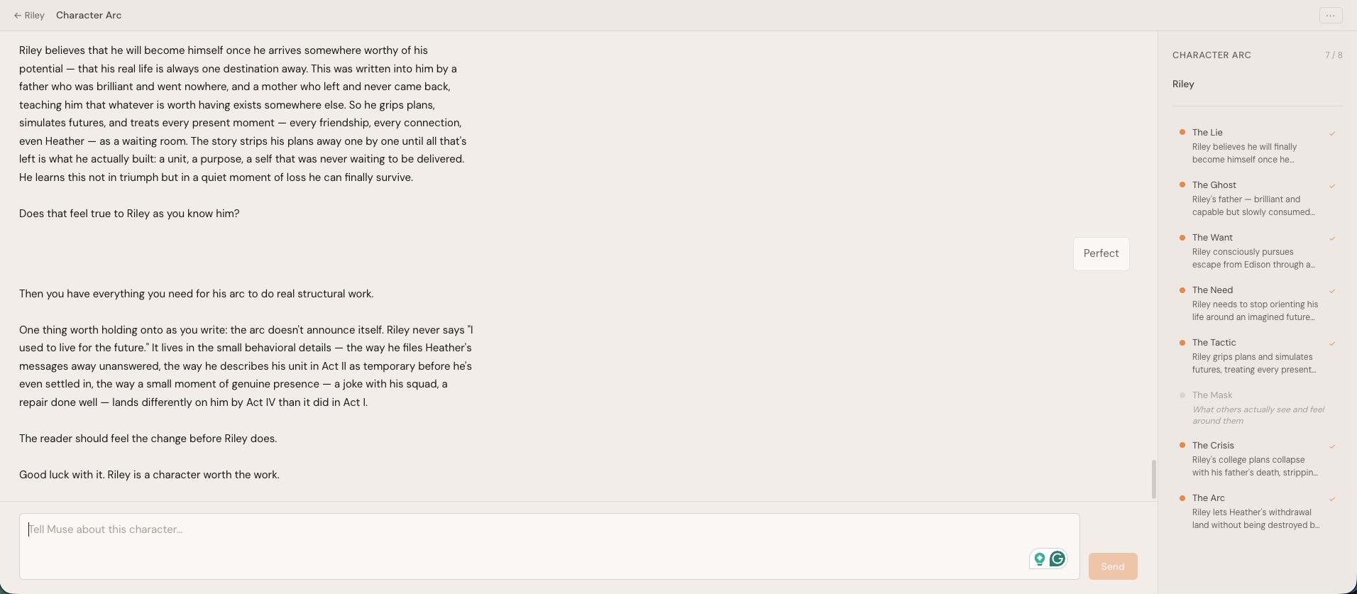 Muse Character Arc Builder for Riley — the eight-field arc sidebar with seven fields complete, a coaching conversation on the left.