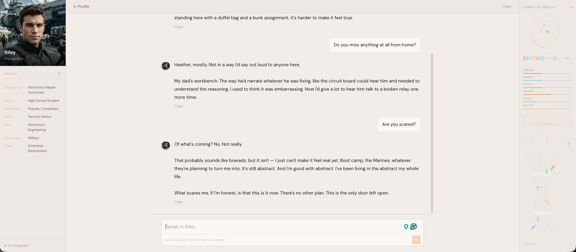 Muse Character Chat with Riley — his profile on the left, an in-character conversation in the centre, the Cognitive Process panel on the right.
