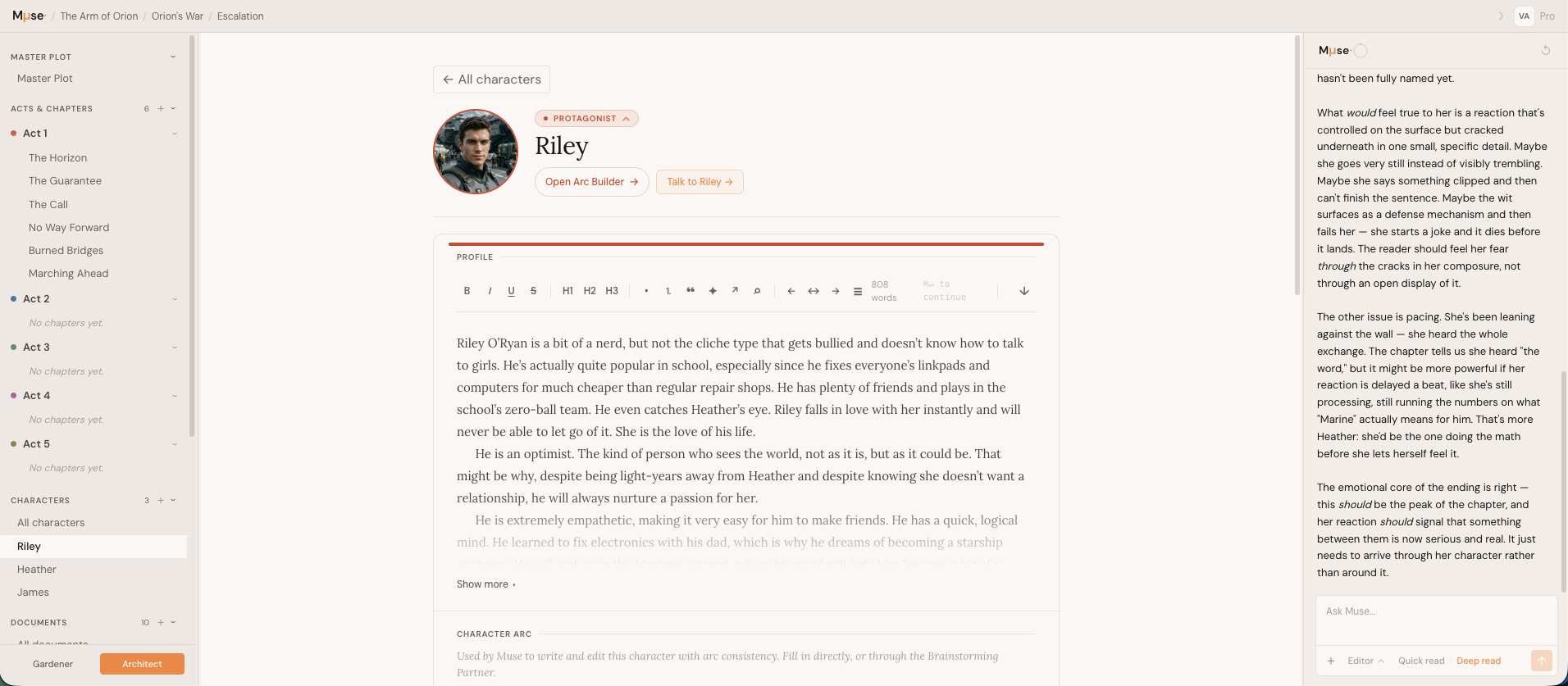 Muse character profile for Riley with the Pixie Dust editor panel giving line-level notes on a scene's pacing and emotional landing.