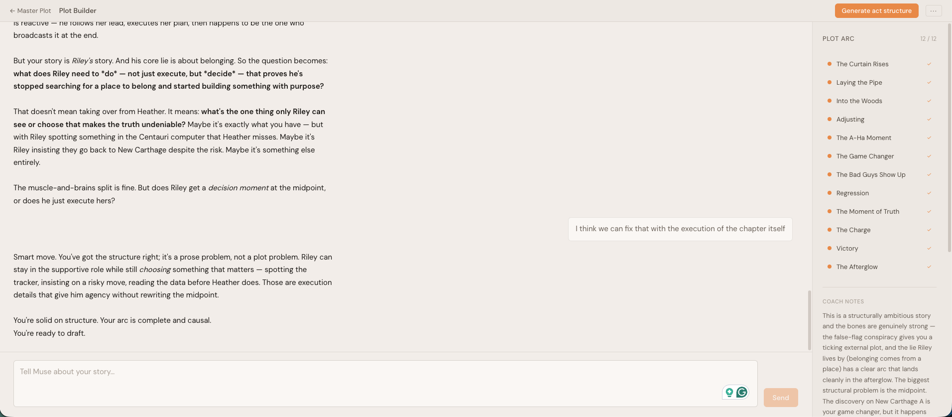 Muse Plot Builder for Escalation — the twelve-beat sidebar on the right with every beat checked off, a coach-notes panel below.