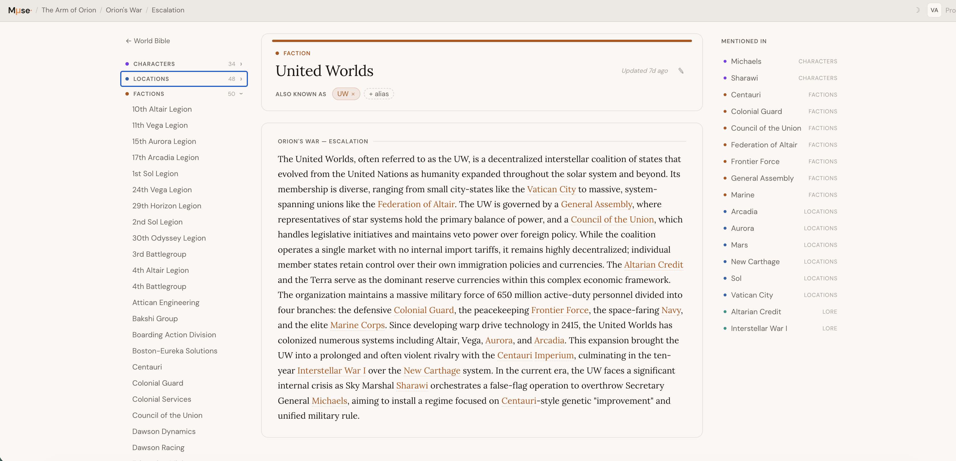 Muse World Bible — the United Worlds faction entry, with auto-linked cross-references inside the bio and a "Mentioned In" panel listing every related entity.